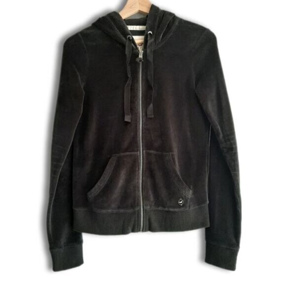 HOLLISTER Soft Velvet Full-Zip Hoodie Sweatshirt Jacket Black Sz S Flawed - Picture 1 of 12